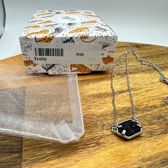 Plunder Design Yvette Hexagon Pendant Necklace Silver Chain With Black Druzy - Picture 5 of 5